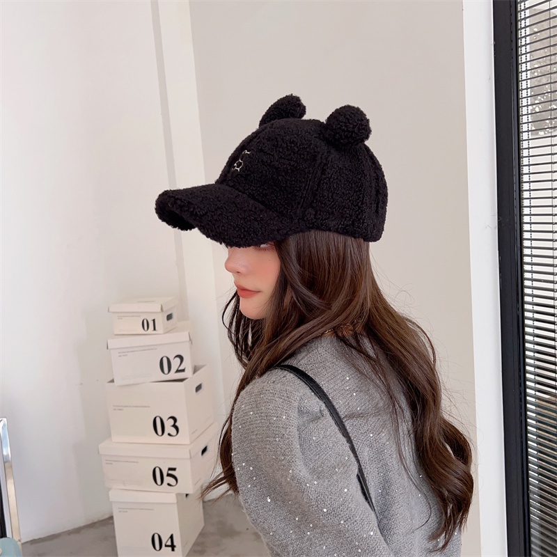 Mũ Lưỡi Trai Len Lông Cừu Đính Tai Gấu Dễ Thương Thời Trang Thu Đông Cho Nữ