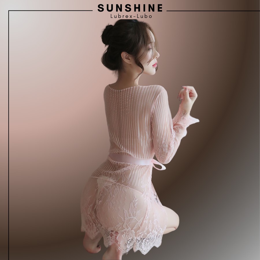 Áo choàng kimono Voan mỏng phối ren cao cấp kẻ sọc màu HỒNG SUNSHINE LUBREX-LUBO -SOC1066