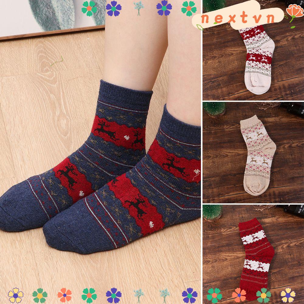Vớ cotton dày dặn giữ ấm mùa đông in họa tiết tuần lộc Giáng Sinh dễ thương cho nam và nữ