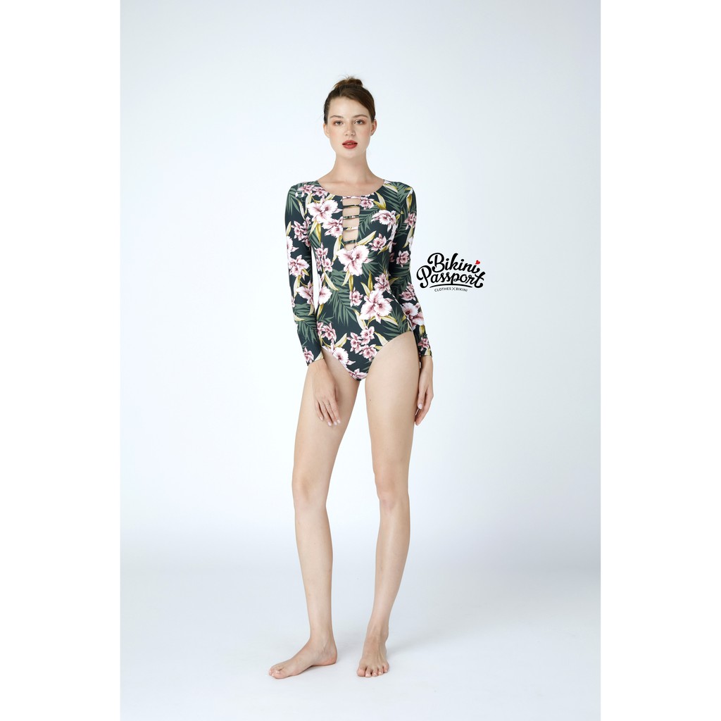 Đồ bơi Nữ BIKINI PASSPORT kiểu Một mảnh tay dài đan dây ngực- màu Xanh rêu - BS259_MS