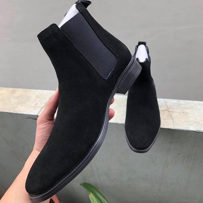 Chelsea Boots da lộn đen - Chelsea Boots da bò đế cao su - Giày cao cổ nam giúp tăng chiều cao. Giày bốt nam da lộn đen. | BigBuy360 - bigbuy360.vn