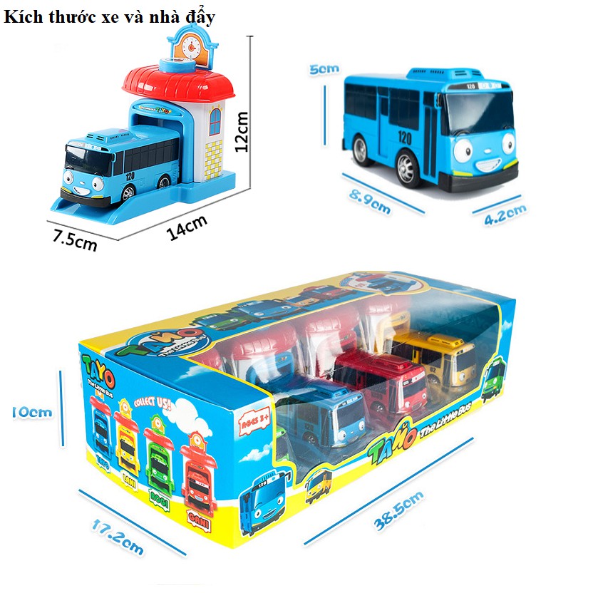 Bộ 4 xe ô tô  buýt Tayo The Little đồ chơi trẻ em xe mô hình gồm 4 nhà và 4 xe bằng nhựa cao cấp