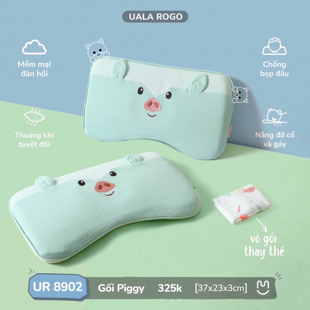 (UALA ROGO) Gối PIGGY Memory Foam cao cấp độ đàn hồi tốt chống bẹp đầu hỗ trợ giấc ngủ ngon cho bé 37x23x3cm