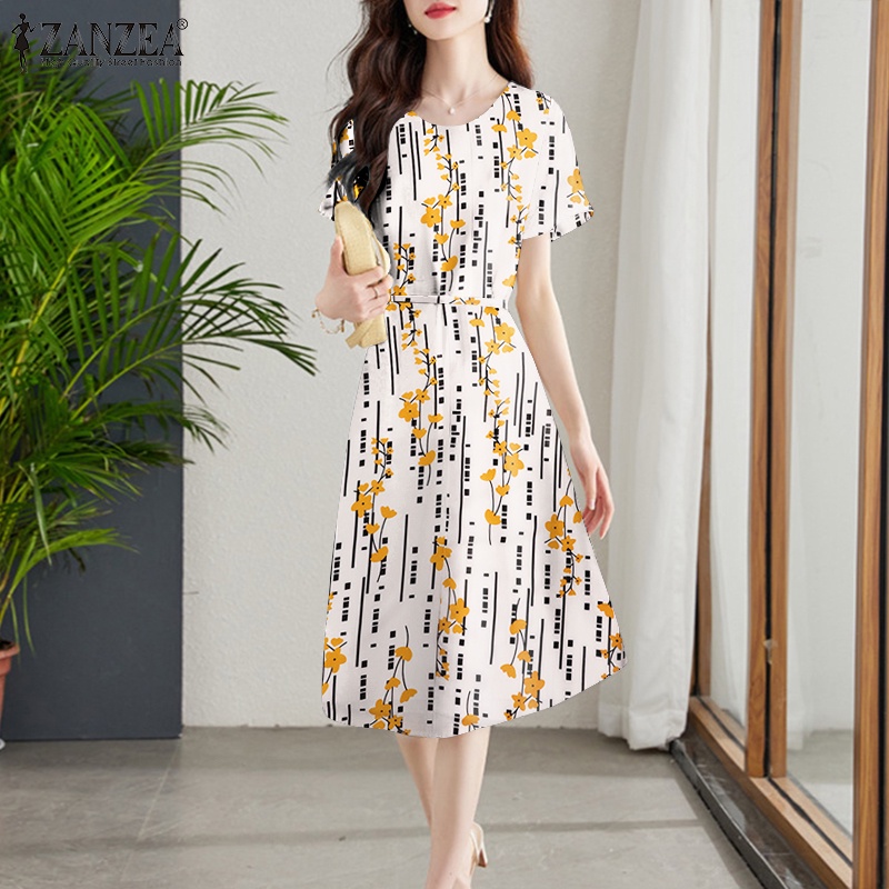 Đầm midi Zanzea ngắn tay cổ tròn họa tiết sọc thời trang nữ