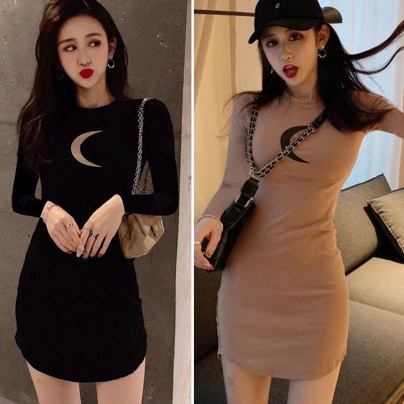 Đầm Dài Tay In Họa Tiết Mặt Trăng Xinh Xắn Theo Phong Cách Hàn Quốc Dành Cho Nữ