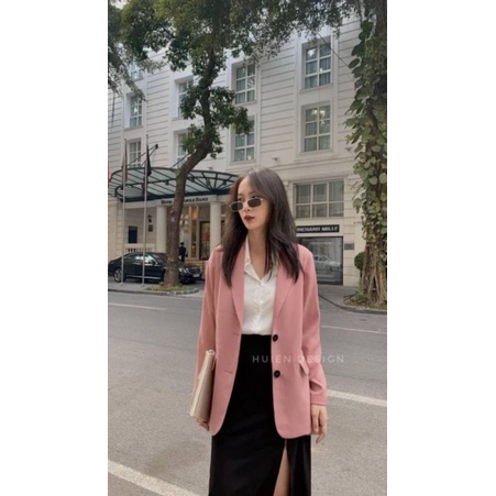 ÁO KHOÁT BLAZER HỒNG BABY NÚT ĐEN
