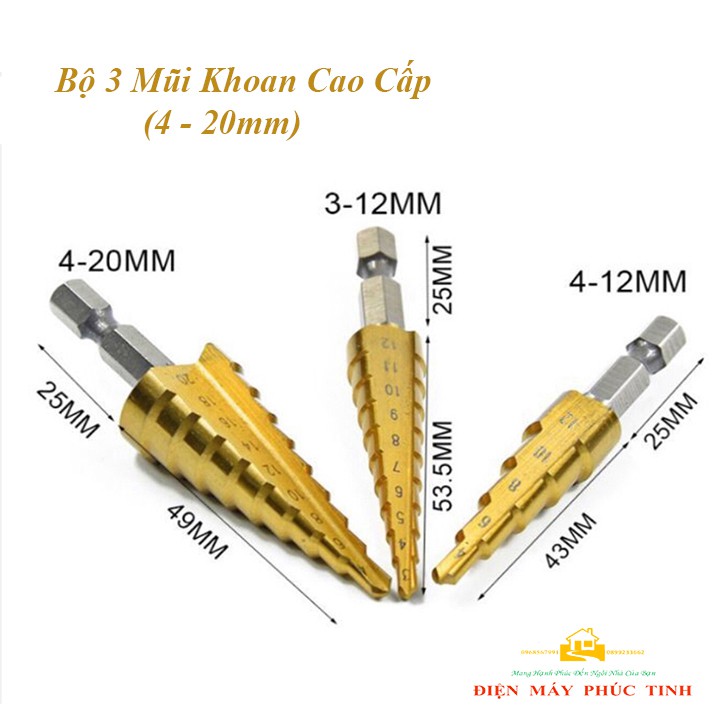 Bộ 3 mũi khoan tháp titanium 4 -20mm