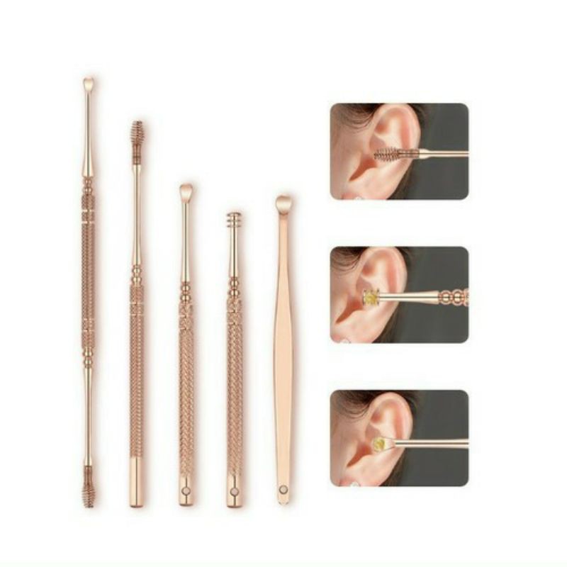 Bộ dụng cụ ráy tai bằng thép 5 món full hộp (tặng kèm chổi mini vệ sinh hộp)