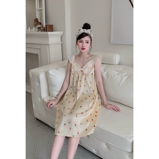 Đầm Ngủ Lụa Satin phối nơ hoạ tiết dễ thương cute