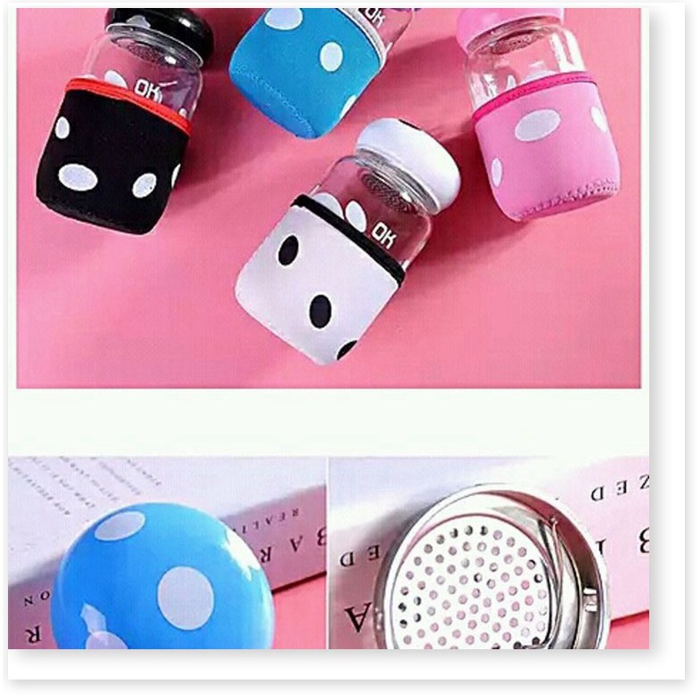 Bình nước cute hình nấm dung tích 300ml nấp kim loại có túi vải - GD0865