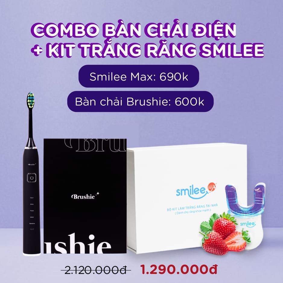 [Tặng 2 quà] Combo Brushie+Smilee Version 1-Bàn chải điện tích hợp máy rửa mặt +Tẩy trắng răng 7 ngày tại nhà Smilee V1