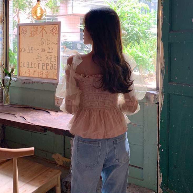 Áo kiểu nữ IELGY cổ vuông tay dài phối lưới màu trơn ngọt ngào thời trang kiểu Pháp