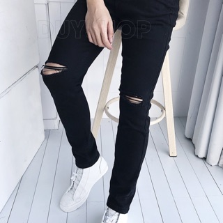 Quần Jean Nam Rách Gối màu đen có BIGSIZE từ 40kg -90kg chất bò đẹp co giãn cao cấp