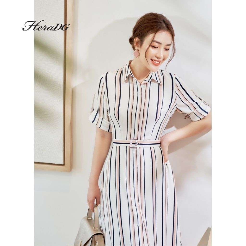 Đầm Công Sở Dáng Xòe Nữ HeraDG Thiết Kế Cổ Đức Họa Tiết Kẻ Sọc, Chất Vải Mềm Mịn Chống Nhăn Xù SDCBA010