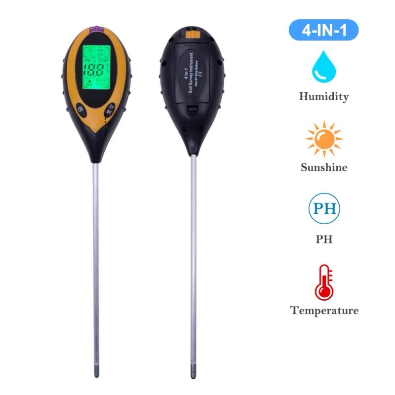 Máy Đo Độ Ẩm, Đo Ph, Đo Ánh Sáng Đất Canh Tác loại màn LCD 4 trong 1 và đồng hồ 3 trong 1