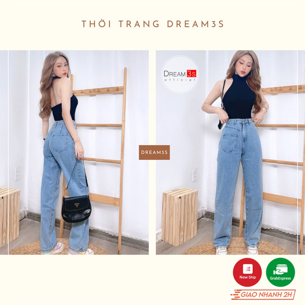 Quần Jean ông rộng dáng suông lưng cao, Jeans thiết kế túi trước phong cách, Quần jeans tôn dáng vải jeans cao cấp D1090