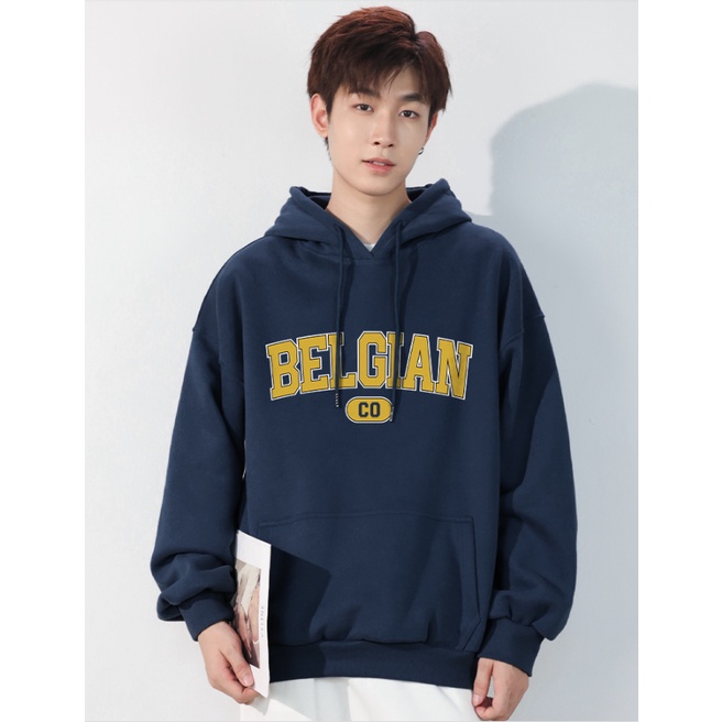 Áo Hoodie Fom Rộng BELGIAN Phối Mũ Trùm Đầu Mùa Đông Ấm Áp, Nỉ Ngoại Siêu Dày Dặn In 3D Mã GAREM