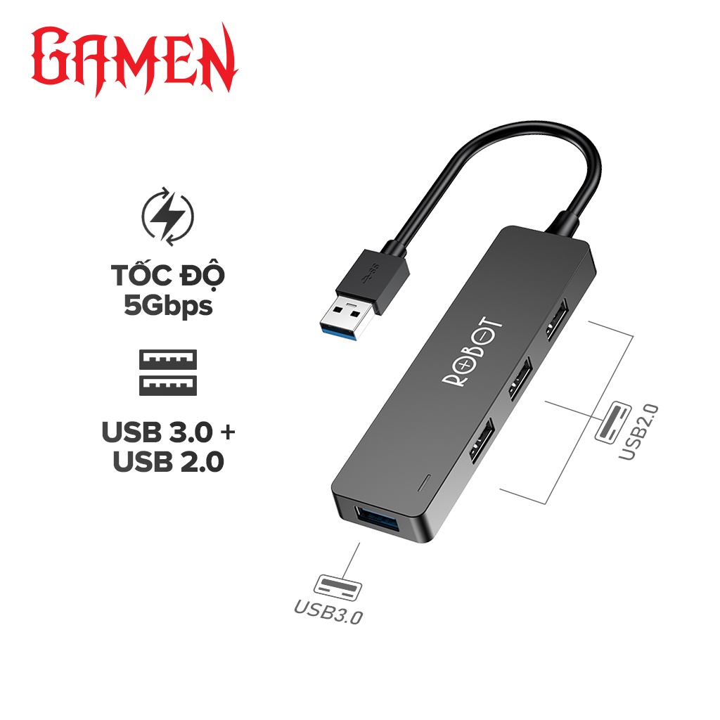 USB Hub Chuyển Đổi ROBOT H160 USB A Sang 4 Cổng USB 3.0 USB 2.0 Tốc Độ Truyền Tải Tối Đa 5Gbps