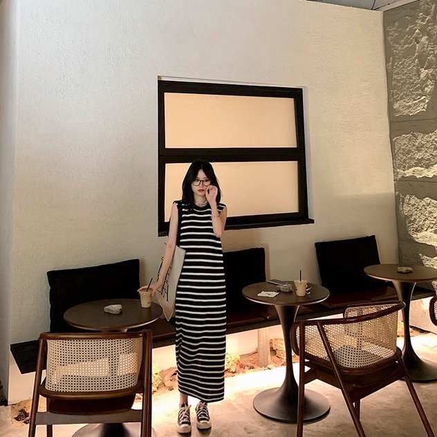 Đầm ZHELIHANGFEI dệt kim sát nách dáng dài kẻ sọc cá tính thời trang xinh xắn cho nữ