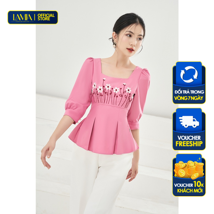 Áo sơ mi nữ thiết kế Lamia Design LA281 màu hồng thêu họa tiết hoa thủ công quý phái