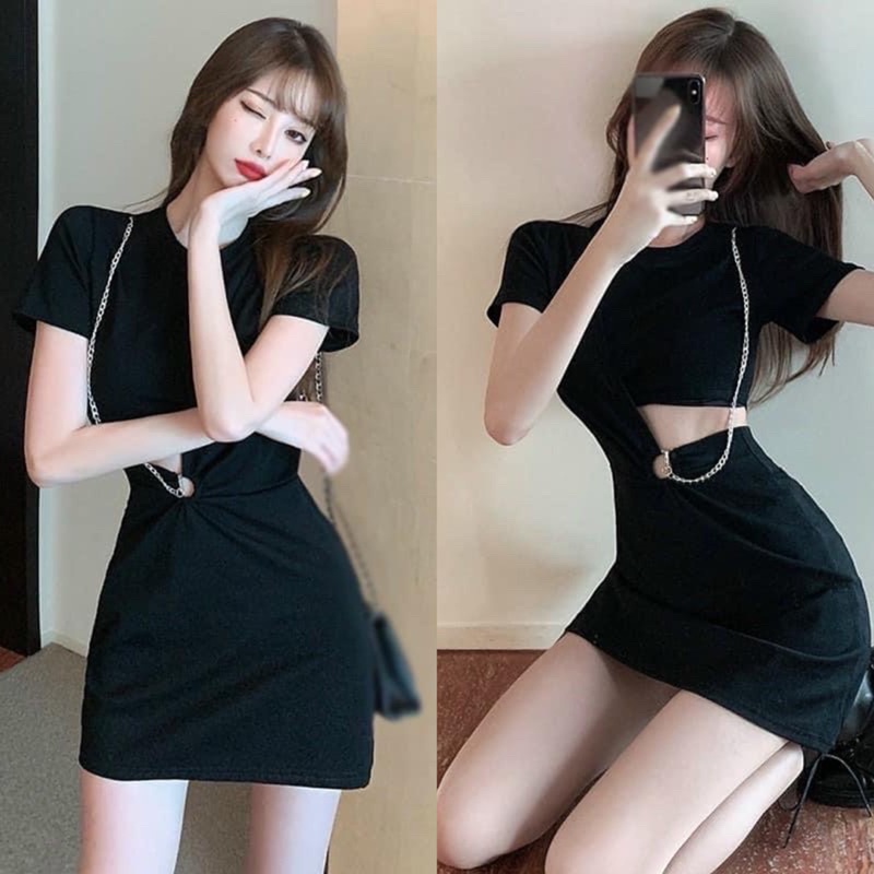 Đầm ôm Body Tay Ngắn Phối Xích Khoét Eo YUMI BÁN SỈ