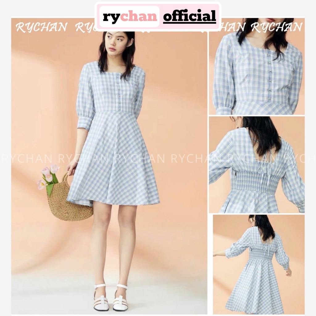 Đầm Xòe Caro Cổ Vuông Tay Lở Nơ Sau - DX516