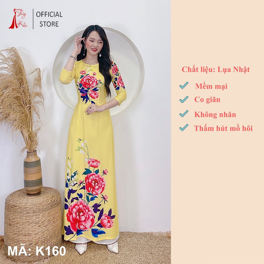 Áo dài in 3D lụa Nhật màu vàng hoa mẫu đơn K160 may sẵn đẹp thiết kế truyền thống