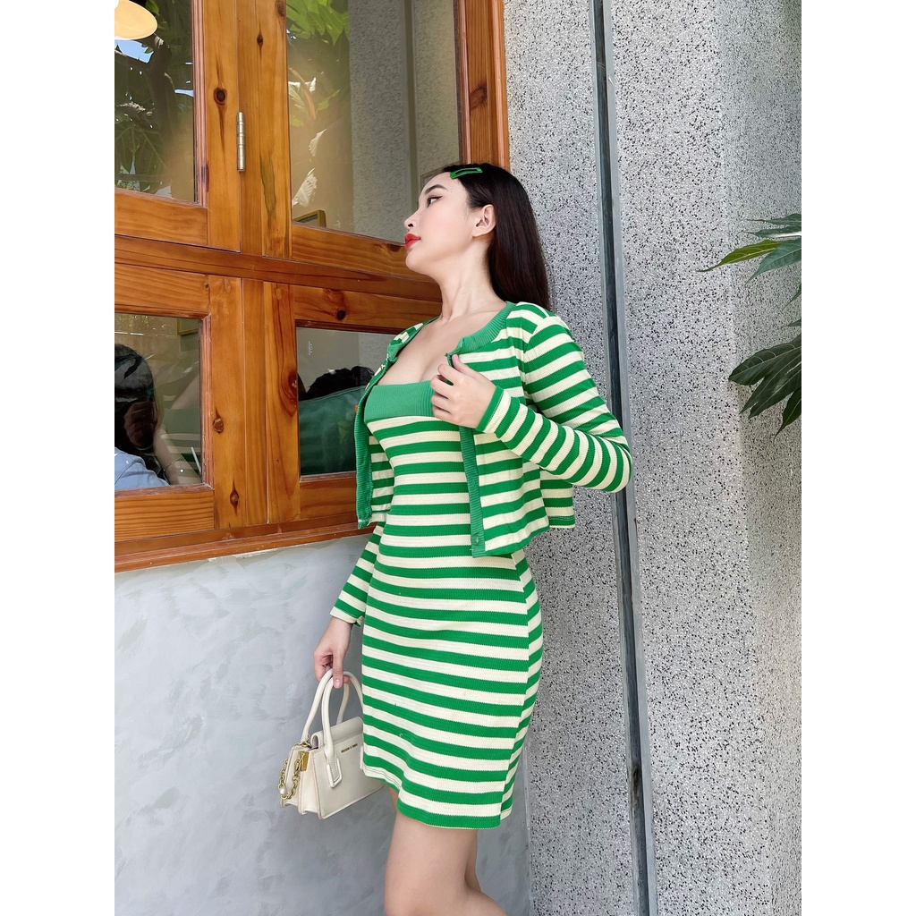 Set đầm sọc Visa kèm khoác ngoài trẻ trung cá tính DS96