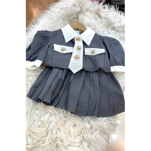 QCCC - Set vest áo váy kèm cavat màu ghi phong cách tiểu thư hàn quốc sành điệu cho bé gái đi tiệc