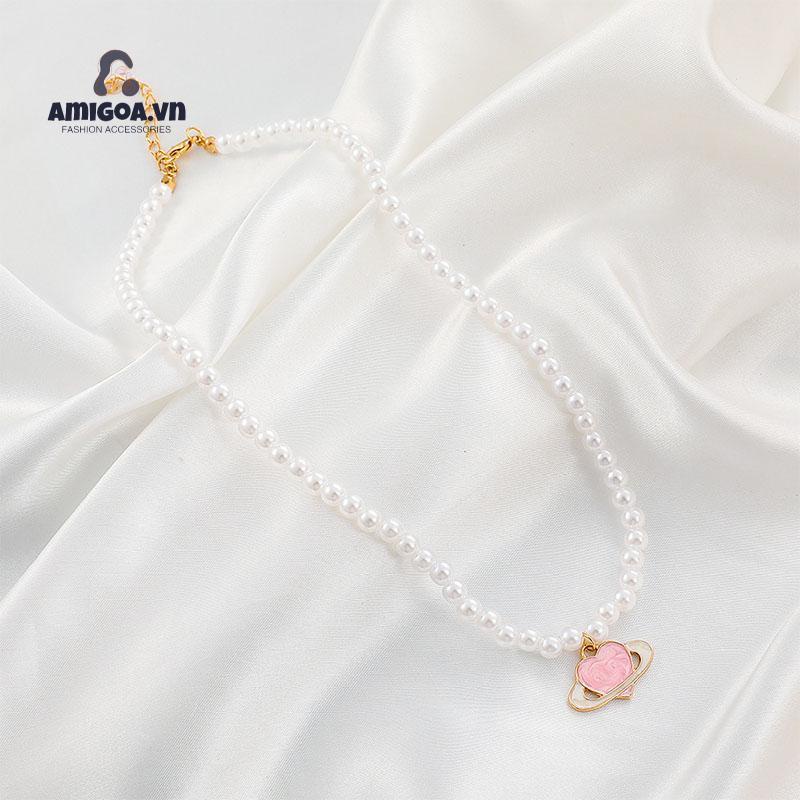 ✨✨Vòng cổ Mặt Hình Hành Tinh Trái Tim Màu Hồng Đính Ngọc Trai Phong Cách Dành Cho Nữ