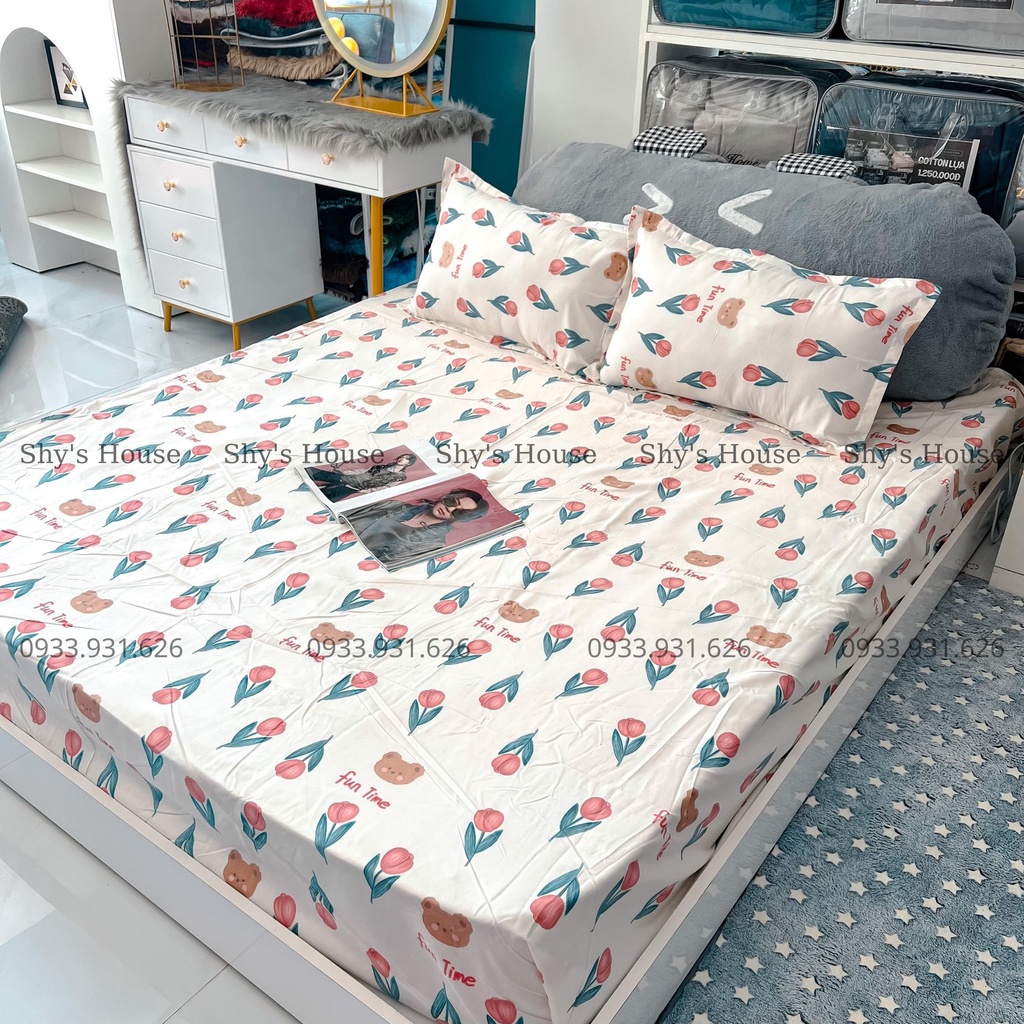 Set Ga Giuờng Cotton Poly 3 Món - Họa Tiết Hoa Tulip 3D - Hàng Nhập Khẩu- Set Ga + 2 Vỏ Gối Nằm - GGN16