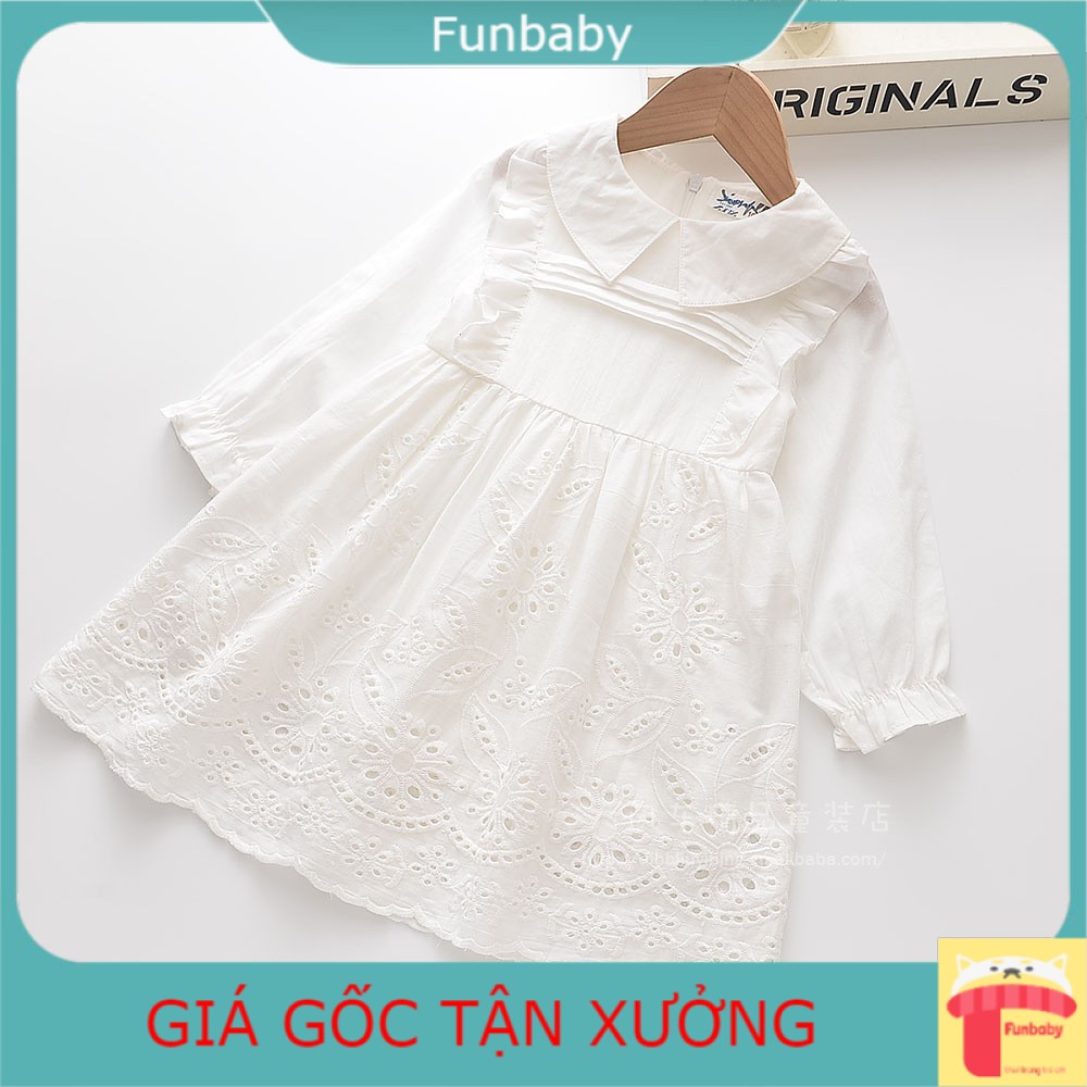 Váy dài tay bé gái 3-10 tuổi thêu có cổ. Đầm trắng cho bé cao cấp vải thô mềm thoáng dễ thương