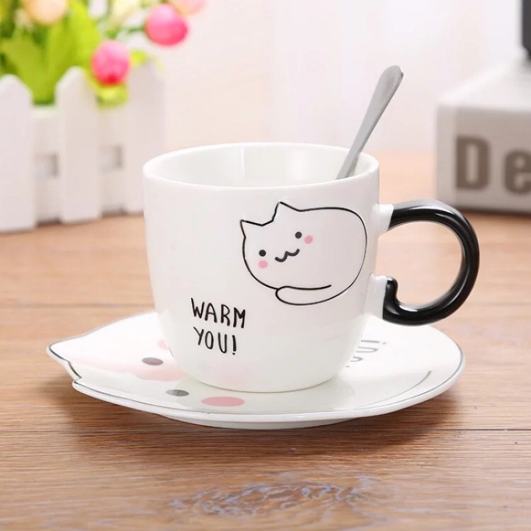 Cốc uống cà phê, cốc bằng sứ hình mèo warm you dễ thương, ly tách uống nước: 1.3.5