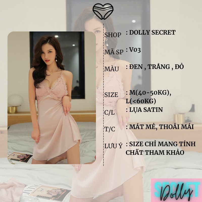 Váy ngủ 2 dây lụa phối ren quyến rũ đan dây lưng xuyên thấu gợi cảm DOLLYSECRET V03