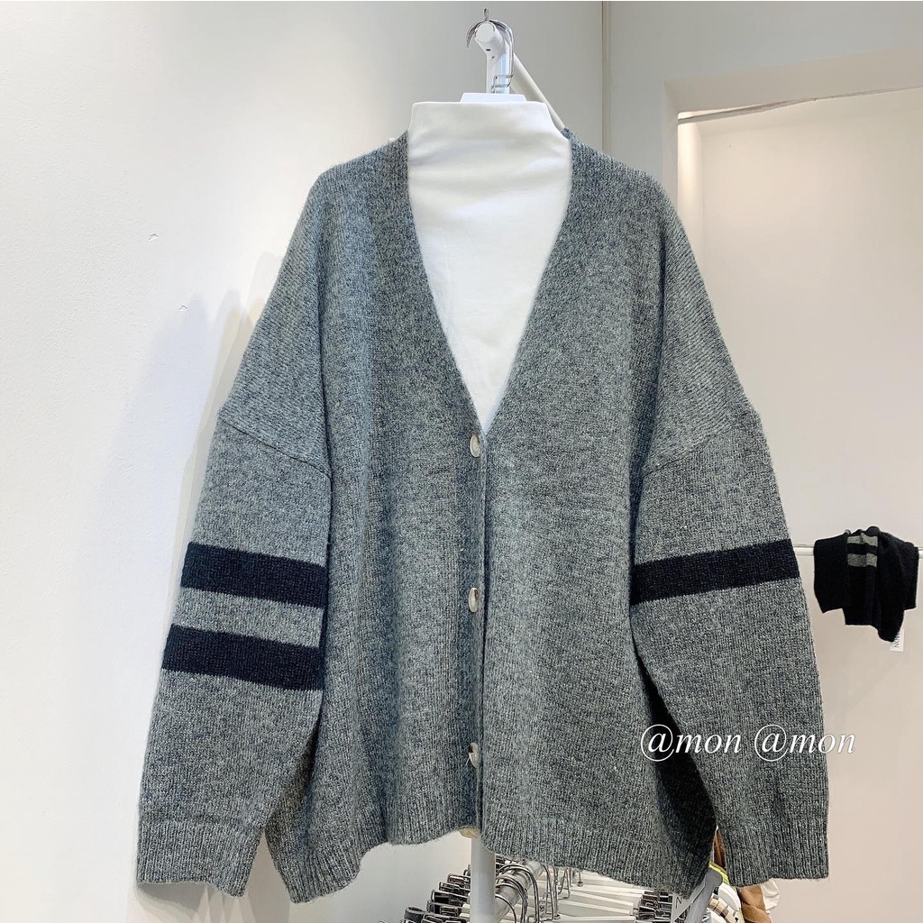 210742 Áo cardigan len lông thỏ kẻ tay, áo khoác len, áo len nữ ulzzang freesize