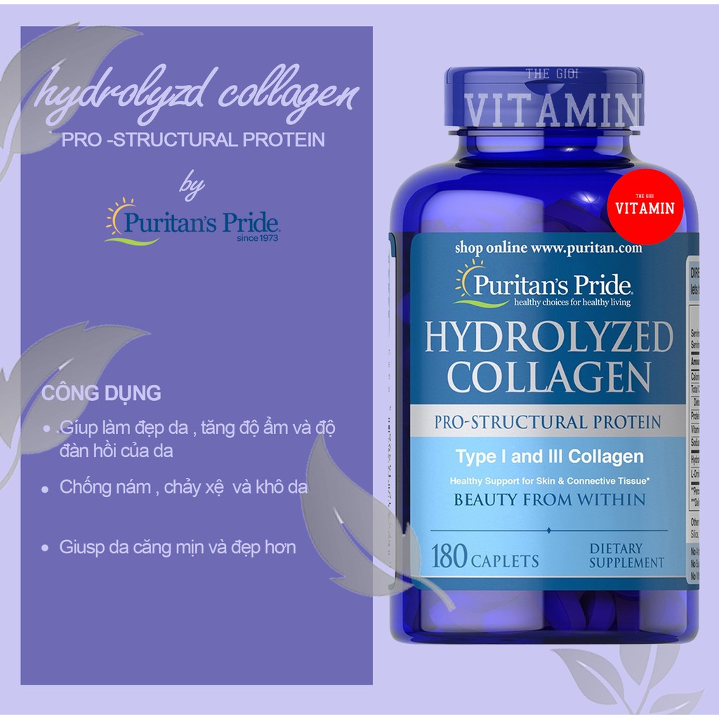 Viên uống đẹp da, mờ nám Collagen thủy phân Puritan's Pride 1000mg 180 viên