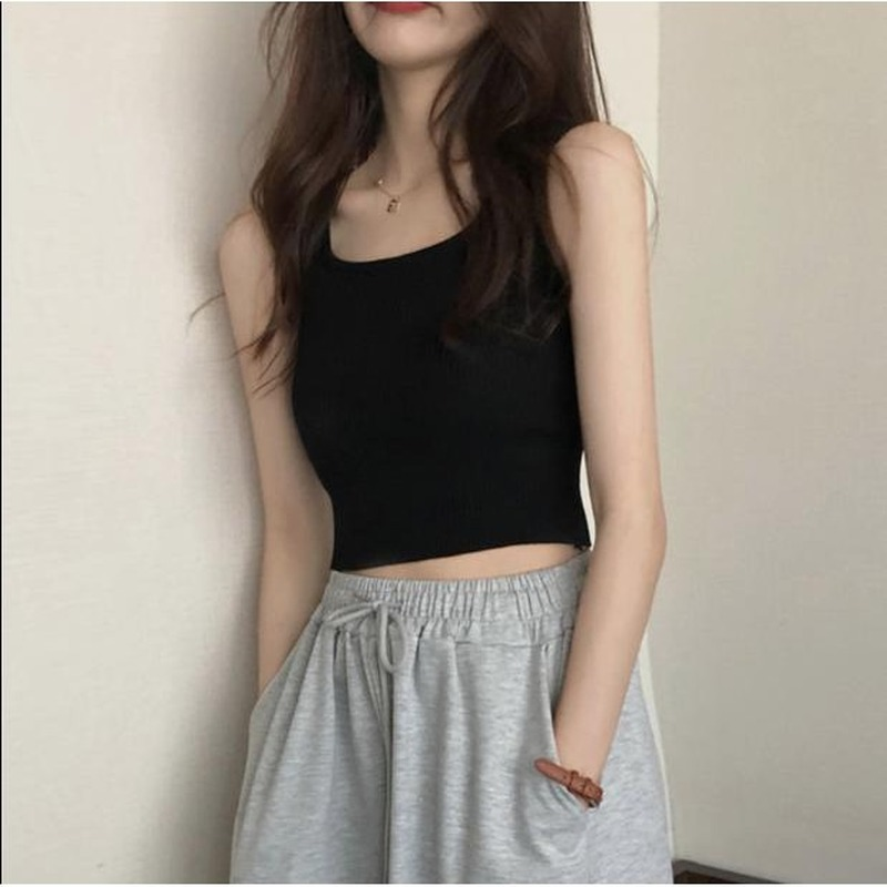 Áo croptop nữ dệt ngắn kim màu trơn Hàn Quốc đen không tay kiểu ôm body tank top vải cotton co giãn tốt