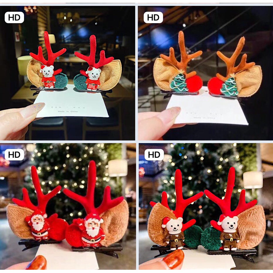 Set 2 kẹp tóc Noel Giáng sinh sừng tuần lộc phối phụ kiện lung linh ngộ nghĩnh hóa trang chụp ảnh