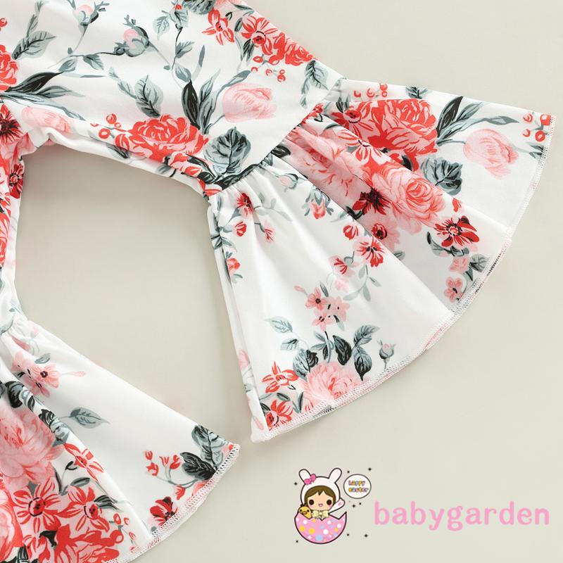 Bộ Áo Liền Quần Tay Dài Ống Loe Kèm Băng Đô In Hoa Thời Trang Cho Bé Gái 0-18 Tháng Tuổi