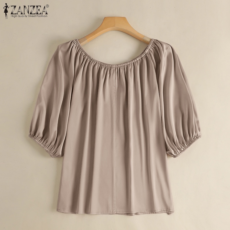 Áo Sơ Mi Vải Satin Tay Lửng Cổ Tròn Màu Trơn Thời Trang Đường Phố Thanh Lịch Cho Nữ ZANZEA