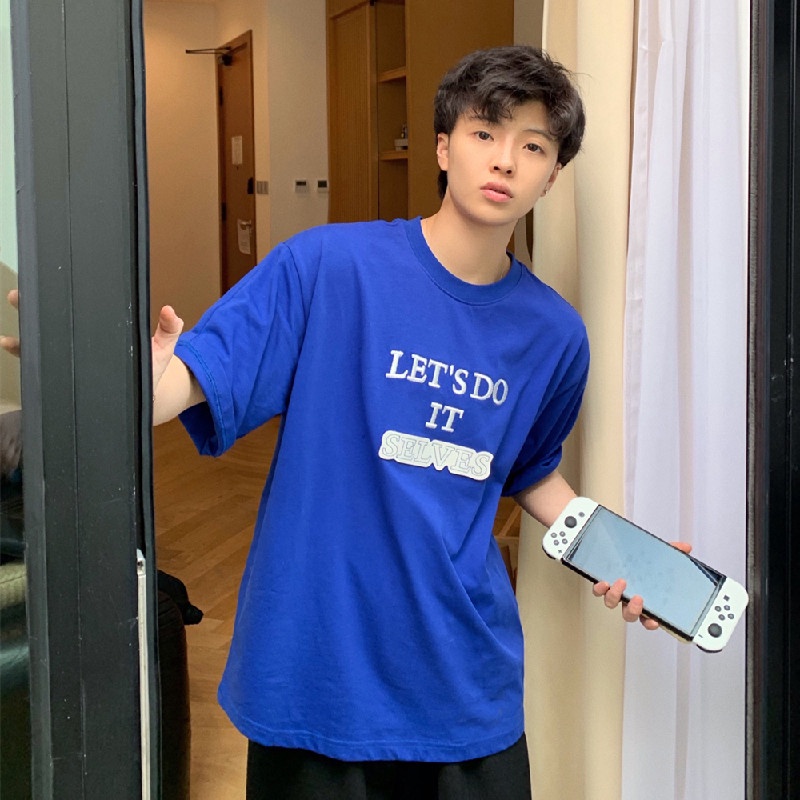 Áo Thun Nam Tay Ngắn Dáng Rộng Có In Chữ Phong Cách Hàn Quốc