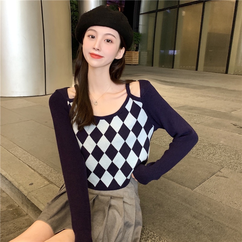 Áo dệt kim trễ vai giả hai lớp họa tiết sọc caro thời trang cho nữ