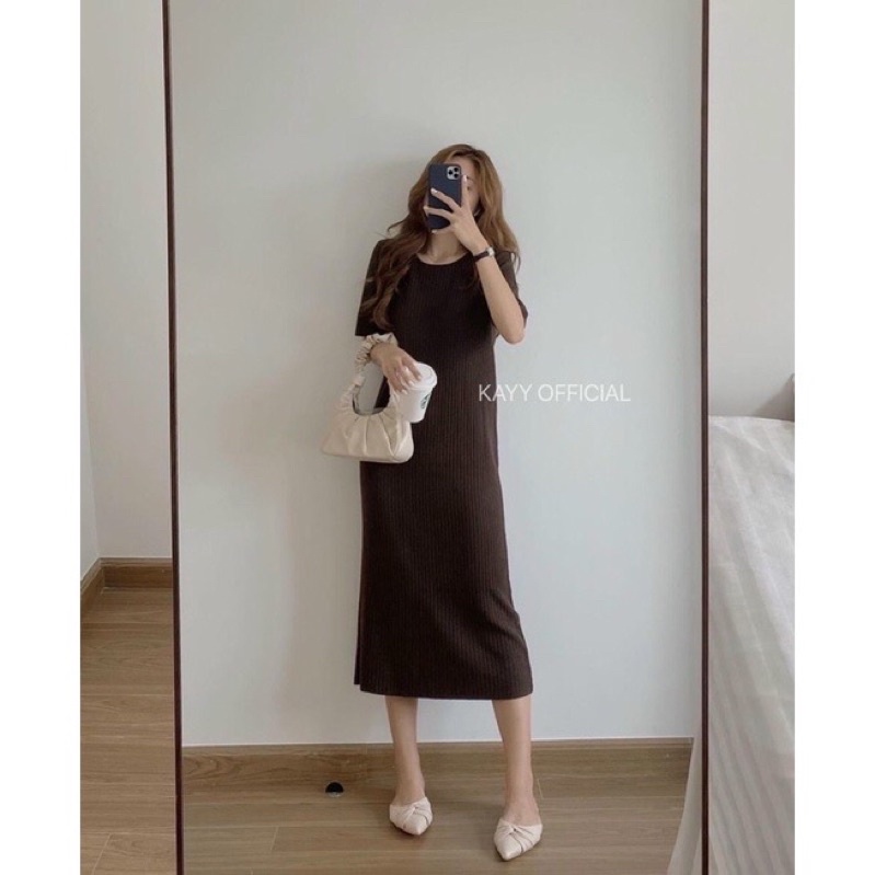 Váy len cổ tròn sọc gân dáng suông style Hàn