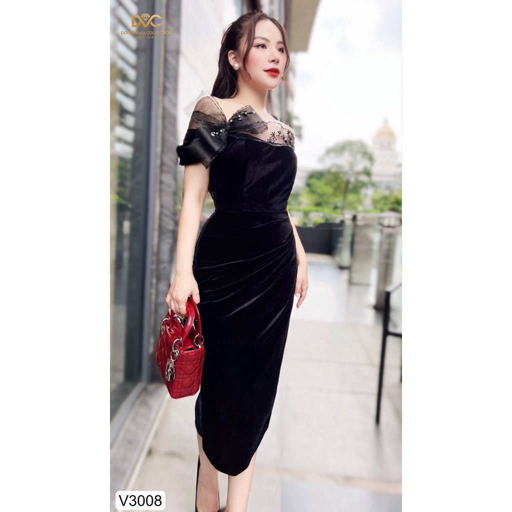 VÁY ĐEN NHUNG PHỐI REN NGỰC THIẾT KẾ CAO CẤP  V3008-DVC