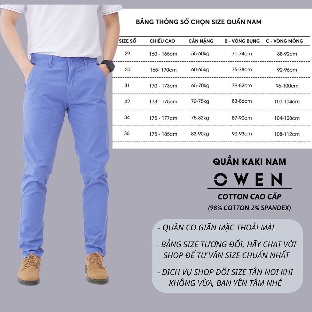 Quần kaki nam OWEN chuẩn hãng màu xanh Blue, chất kaki cotton, cao cấp, co giãn, form đứng dáng slimfit trẻ trung