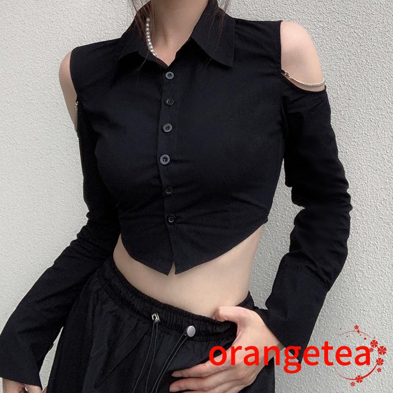 Áo Croptop Trễ Vai Tay Dài Màu Sắc Ngọt Ngào Phối Dây Xích Thời Trang Cho Nữ