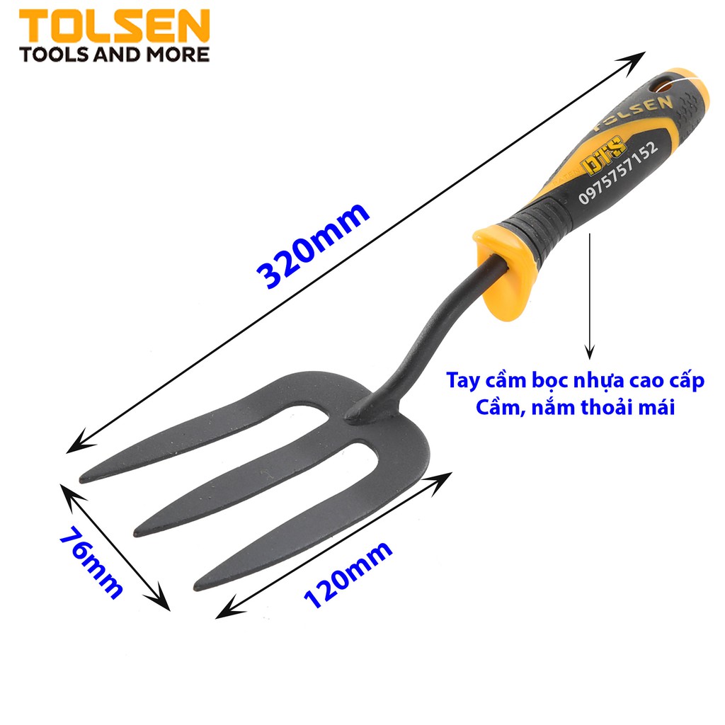 Chĩa xới đất trồng cây, làm vườn cao cáp TOLSEN 320mm, thép sơn tĩnh điện độ bền cao - Tiêu chuẩn xuất khẩu Châu Âu