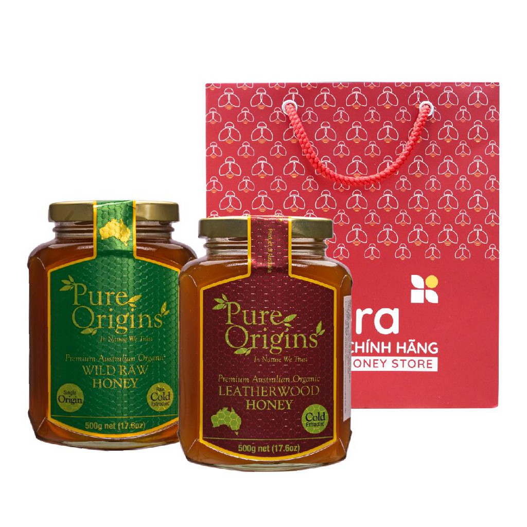 Qùa Tặng Mật Ong Nguyên Chất Wild raw + Leatherwood Pure Origins Beera hỗ trợ tiêu hóa, tăng đề kháng (2 hũ x 500g)