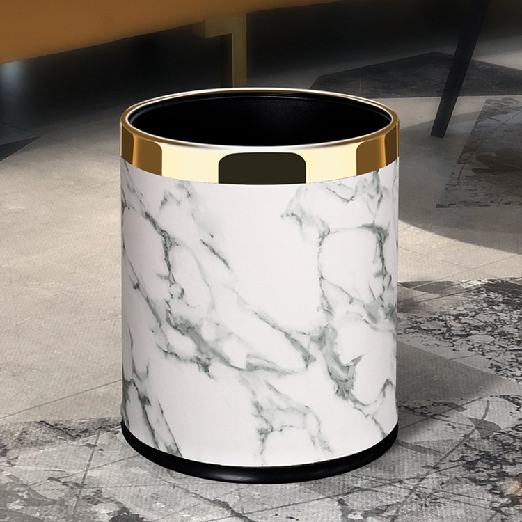 KINGFOM Nordic Marble Pattern Leather Trash Can Bins Home Office Round