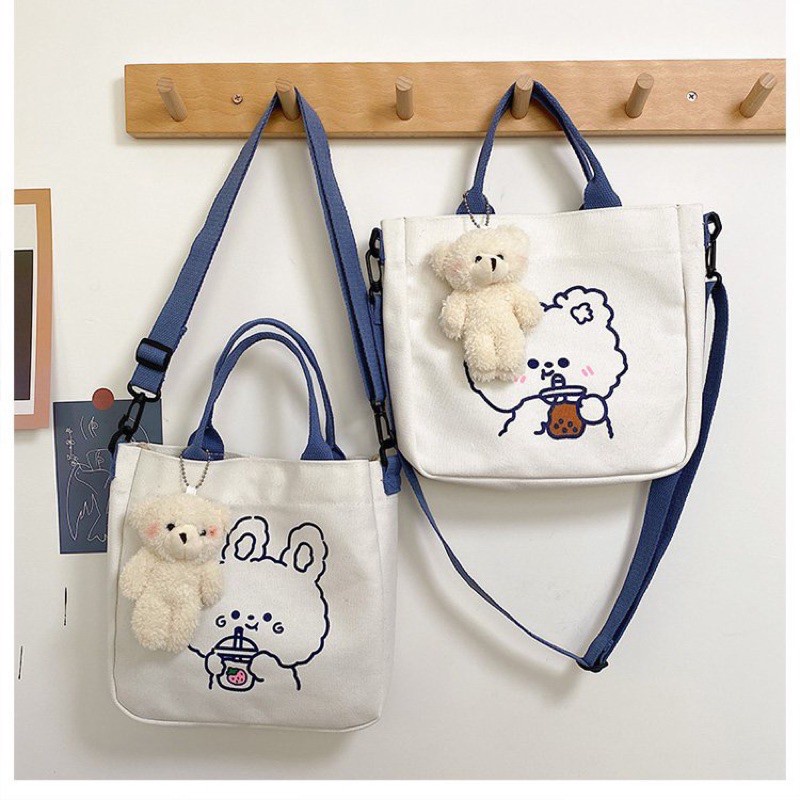 Túi tote vải canvas dày dặn đẹp đeo chéo đeo vai đi học đi chơi họa tiết gấu dễ thương phong cách học sinh Nhật Bản